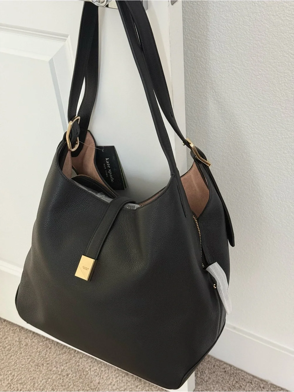 kate spade Black Pebbled Leather Large Shoulder Deco Bag NWT